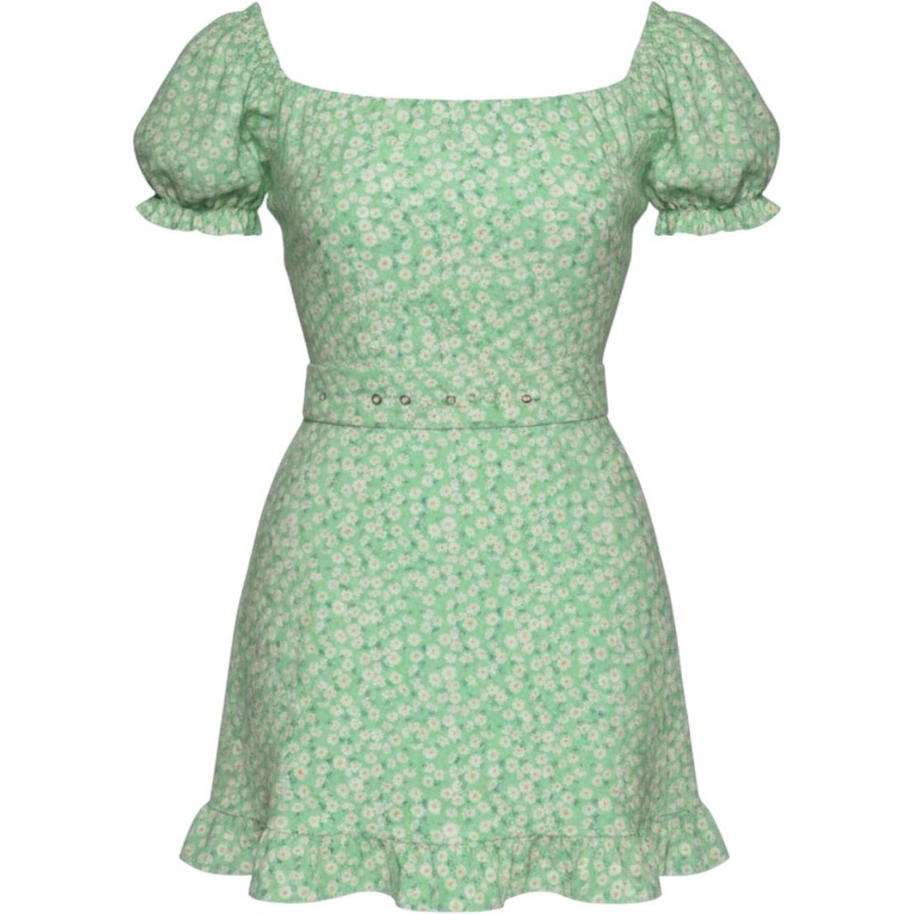 ZARA Linen‎ Blend Mini Dress Green Floral Ruffle Trim belted Sz M sun summer